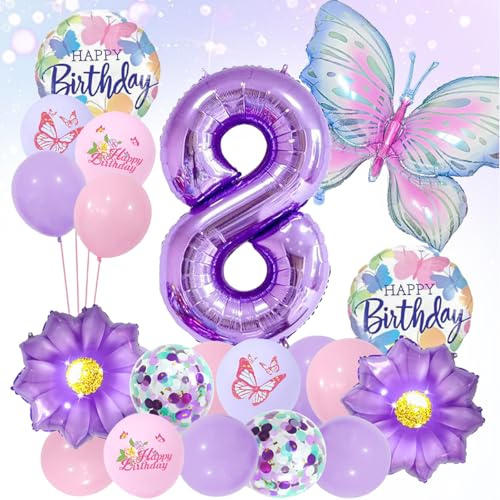 LUMOOM Mariposa decorativa cumpleaños niña 8 años globos decoración de cumpleaños globos mariposas globos de papel de aluminio globos de números lila fiesta cumpleaños infantil decoración para niños
