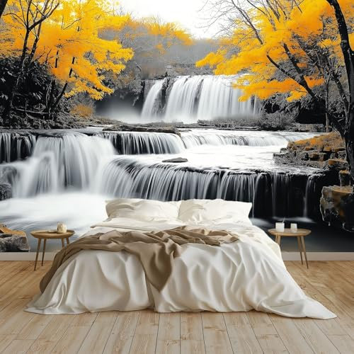 Wallpaper Carta Da Parati Murale Effetto 3D Cascata Bosco Giallo Fotomurali Sfondo Murale 250x175 cm Moderne Decorazione Soggiorno Camera De Letto Sala Ufficio, Giallo