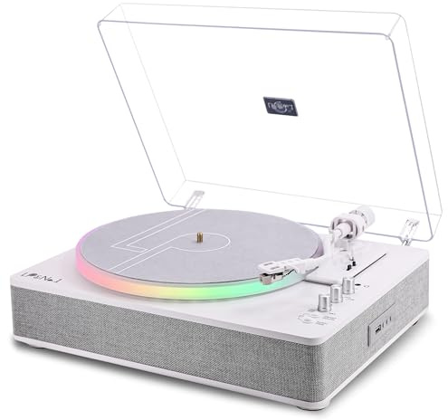 LP&No.1 Record Player with Built-in Stereo Speakers, LED Control, 2-Speed Belt-Drive All-in-One Turntable with USB Playback & Recording, BT Input/Output, AT-3600L Cartridge, Pitch Control | White
