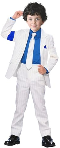Koongso Disfraz de Michael del Rey Pop para niños, trajes de escenario de Super Star MJ, abrigo de rayas blancas, pantalones con corbata de los años 80 y 90 para Halloween, cosplay, fiesta de baile