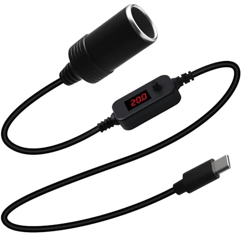 Amztour USB C auf Zigarettenanzünder mit LED Anzeige USB C Stecker auf 12V Auto Zigarettenanzünder Adapter Einstellbare Spannung 5V 9V 12V 15V 20V für Dashcam Radar-Detektor GPS Auto Ladegerät 123 cm