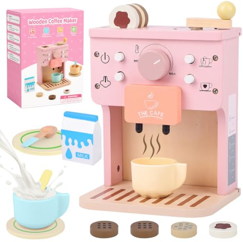 Teoryieer Cafetière en Bois Bébé, Jouet Jeux de Rôle Éducatif, Machine à Café Jouet Boulangerie Nourriture Accessoire Dinettes Cuisine, Cadeau Créatif Anniversaire Pâques Noël Enfant (Rose)
