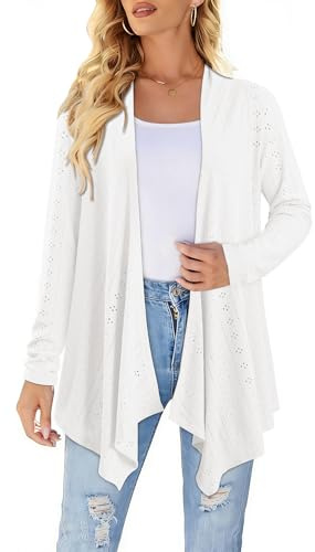 KISSMODA Womens Long Sleeve Draped Open Front Eyelet Cardigan Casual Lightweight Loose Jumper Duster Beach Cover Up