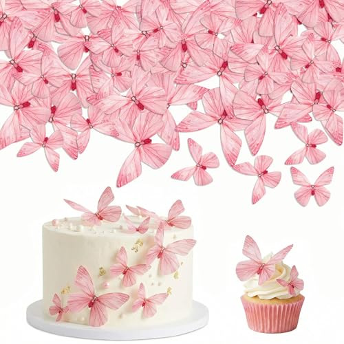72 Pcs Edible Butterfly Cake Decorations Butterfly Cake Toppers | 3D Pink Glutinous Rice Paper Butterflies Mixed Size for Birthday Baby Shower Wedding Anniversary Party Cupcake for Baking