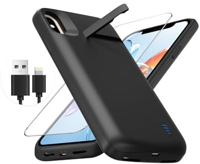 Giabuao Akku Hülle für iPhone X/XS 5000mAh, Schlanke Wiederaufladbare Erweiterte Ladehülle Backup-Akkuladegerät mit Ständer, Tragbare Powerbank Akkuhülle für iPhone X/XS – Schwarz