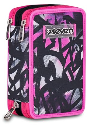 Seven Federmäppchen, Mäppchen, Mehrfarbig, Federtasche für Schreibwaren, Etui komplett mit Bleistiften, Filzstiften, Schulmaterial, mit 3 Fächern, Mädchen, Schule - Grundschule, XXL, Mehrfarbig