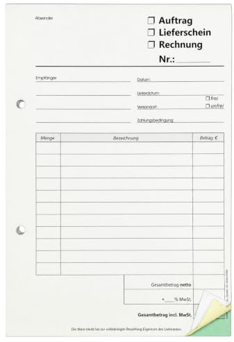 10x Kombiformular DIN A5 Auftrag Lieferschein Rechnung 3-fach 3x30 Blatt | 3 Formulare in 1: Auftrag, Lieferschein & Rechnung, 3-fach SD, 30 Sätze, gelocht, mit Schreibschutz