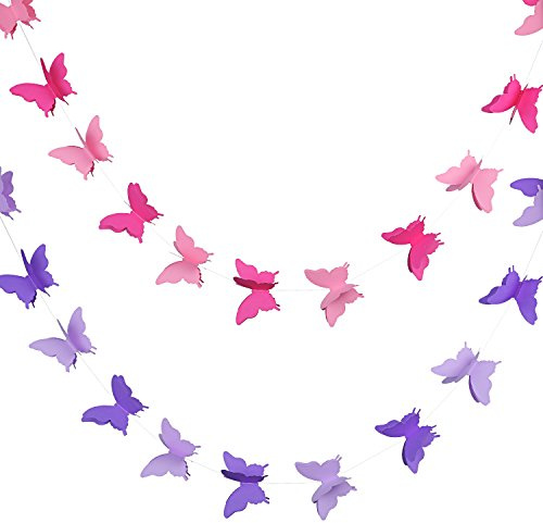2 Stück 3D Papier Schmetterling Banner Hängende Dekorative Garland für Hochzeit, Dusche, Geburtstag und Thema Dekor, 118 Zoll Lang, Rosa und Lila