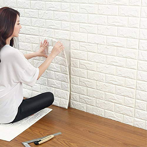 Carta da Parati Mattoni Bianco 3d, DIY Carta da Parati Decorativa Autoadesiva Impermeabile per Cucina, Soggiorno, Salone, Ufficio, TV Sfondo DéCor Wall Sticker Wallpaper (1 Pezzi, Bianca)