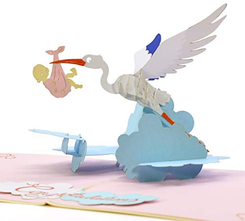 CUTE POPUP - Baby shower 3D Pop Up Greeting card Unique Stork Delivering Baby Girl Design, Announcement Card, Perfect Present for Couple, Family and Friends