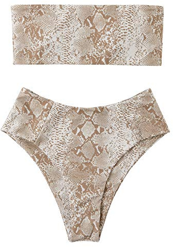 OMKAGI Women Bandeau Bikini High Waisted Sexy Leopard Print Strapless Swimsuits(Medium,Snakeskin Brown-61)