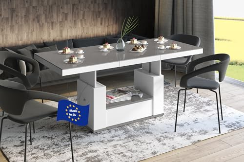 designimpex HM-111 Couchtisch Grau Hochglanz/Weiß Hochglanz ausziehbar höhenverstellbar 120/170cm Schublade modern Wohnzimmertisch Esstisch Beistelltisch Sofatisch platzsparend hochwertig Wohnzimmer