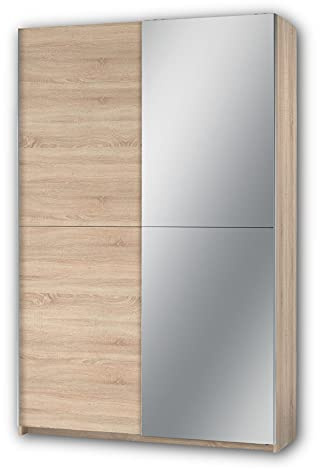 Stella Trading FAST, Armadio guardaroba elegante, con anta a specchio, molto capiente, versatile con ante scorrevoli, effetto rovere Sonoma, 125 x 195 x 38 cm, L x A x P