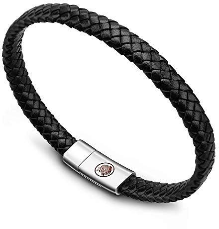 Casisto.J Läderarmband för män - klassiskt handvävt armband svart och brunt magnetiskt graverat herrarmband med presentförpackning, 18.5 Centimetri, Rostfritt stål
