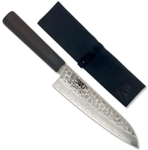 REDSALT® Professional Series SANTOKU 三德 18cm Damaststahl 69 Lagen Chefmesser handgefertigt in Japan | Profi Kochmesser Ledertasche | Damast Hammerschlag Klinge | Damastmesser Küchenmesser