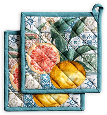 Maison d' Hermine Pot Holders set 100% Cotton Heat Resistant Potholders 20 cm x 20 cm Hot Pads with Loop BBQ, Cooking, Baking, Grilling, Handling Hot Pans Spring/Summer (Pack of 2, Agrume)