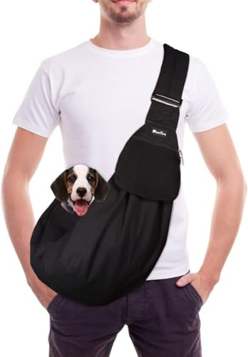 SlowTon Hundetragetasche, Haustier Hundetasche mit verstellbarem, gepolstertem Schultergurt und Fronttasche Tragetasche Hund für Spaziergang (Schwarz-Wasserdicht, L(Für Haustiere 4,5-7,2 kg))