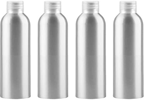 ZEOABSY 4 Piezas Vacías 200 ml Botella de Aluminio Plata con Tapón Rosca de Plástico Transparente Envase Cosmético Metálico para Champú, Loción Gel Aceite Esencial Hoteles Viaje