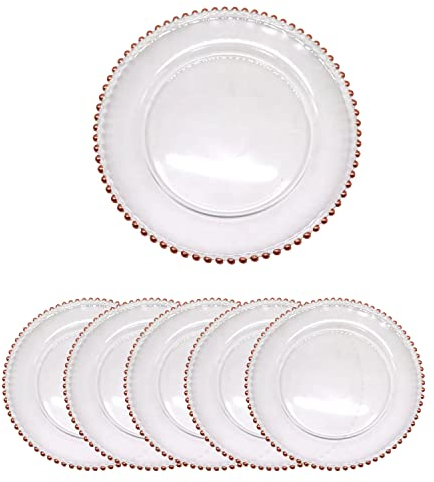 Trimming Shop 33cm Clear Charger Plate with Rose Gold Beads Rim – Elegant Glass for Weddings, Parties & Home Décor - Decorative Rose Gold Glass Charger Plates, Pack of 6