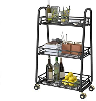 AUNEVN Bewegliche Trolleys 3-Tierende Mesh Draht Rolling Utility Cart Multifunktion Metall Organisation Mit Abschließbaren Rädern Mobile Regale Für Home Office Küche/Black