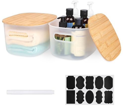 BELLE VOUS Lot de 2 Boîtes de Rangement en Plastique avec Couvercles en Bambou - L17 x L23 x H12cm - Paniers et boîtes de rangement empilables - Cuisine et Salle de Bain