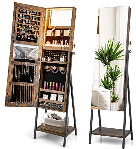 GOPLUS Armoire à Bijoux avec Miroir, Organisateur de Bijoux sur Pied avec Serrure, Espace de Rangement, Lumières LED 3 Couleurs, Miroir Intérieur, pour Boucles d'Oreilles, Bagues, Collier (Marron)