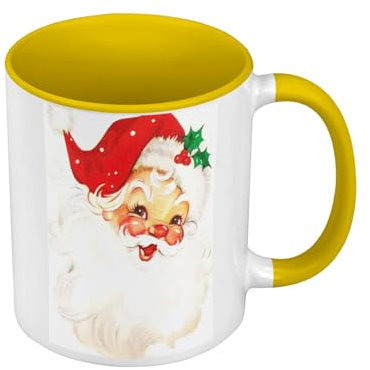 Tasse, hochwertig, Gelb – Motiv Weihnachtsmann Stechpalme Vintage Retro Santa Claus 50's – Tasse mit Henkel und farbigem Innenfutter