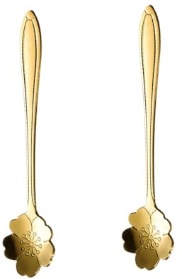 Soulnioi Coffee Spoon Blossom Dessert Spoon Stainless Steel Mini Tableware Teaspoons Ice Cream Spoon Set of 2, Gold