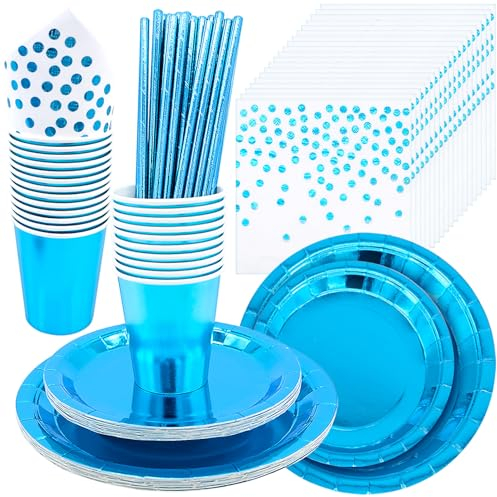 Cisolen 99 Pièces Bleu Vaisselle De FêTe Anniversaire Set De Vaisselle Jetable Enfant Jetable Assiettes Set De Vaisselle Pour Mariage Anniversaire FêTe FiançAilles NoëL