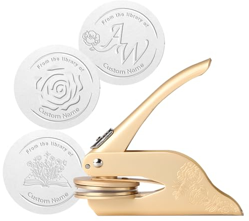 Sangkoo Benutzerdefinierte Buch Präger, personalisierte Bibliothek Buch Stempel, Hochzeit Einladung Buch Präger Siegel Stempel Stahl benutzerdefinierte Logo Text, Geschenk für Buch Liebhaber, Gold