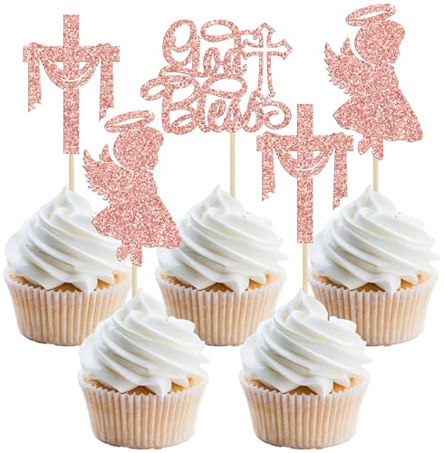 Gyufise 24Pcs God Bless and Cross Cupcake Toppers Angel Christening Baby Shower Girl Baptism Cupcake Picks Decoration for First Communion Baptism Party Cake Decorations Rose Gold