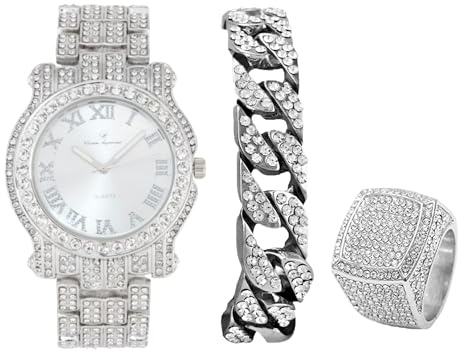 Charles Raymond Bling-ed Out L0504 BR L0504 BR Runde Luxus-Herrenuhr mit kubanischem Armband und Iced King Ring, 3-teiliges Set