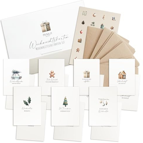 14 Weihnachtskarten mit Umschlag Set Pastell - Schöne Weihnachtskarten Adventskarten zum Aufklappen - Karten Weihnachten Set - Weihnachtskarte Set Postkarten - Weihnachten Karte mit Stickern D012 D012