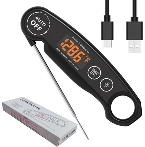 Meat Thermometer Rechargeable for BBQ and Cooking - 3 to 4S Instant Read Candy Cooking Food Thermometer, LED Display, Temperature Calibration Waterproof for Oil Deep Fry BBQ Grill Smoker (Black)