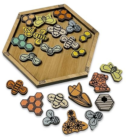 Bumble Jumble Tangram - Rompecabezas de madera de 23 piezas, colmena de bambú ecológico para adultos y niños, juego de escritorio de lógica y desafío de pensamiento rápido