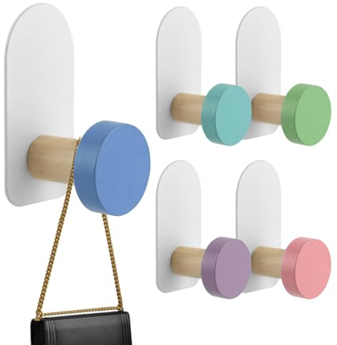Tongdejing 5 PCs Coat Hooks,Self-Adhesive Kids Coat Hooks Cartoon Animal Pattern Wooden Hooks Wall Hook Door Hooks for Towel, Clothes, Key, Backpacks and Hats(Macaron Round)