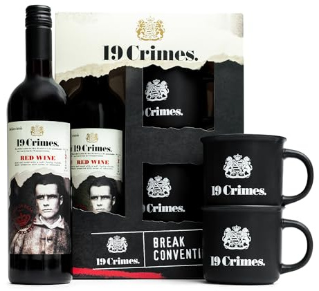 19 Crimes Red Wine Gift Set, Australia 750 ml, 2 Tin Mugs | Officially Licensed, Red Blend, Wine Gifts for Men & Women, Tin Mugs, Birthday Hamper