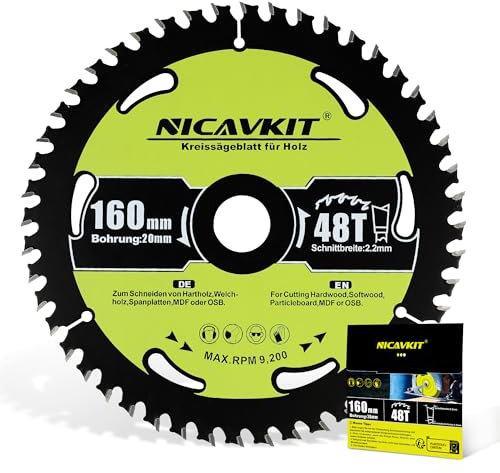 NICAVKIT Ø160 x 20 mm Kreissägeblatt für Holz (Sägeblatt für Holz, Ø160 x 20 x 2,2 mm, 48 Zähne, Zubehör Kreissäge) Hartmetall-Zähne Kreissägeblätter, Geeignet für Weich- und Hartholz