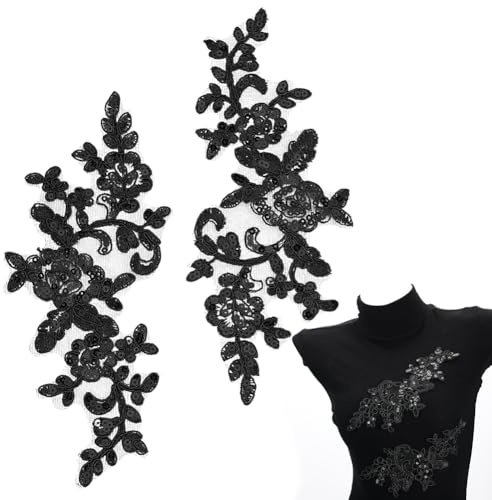 HOBBIESAY 4 pezzi ricamo paillettes pizzo applicazioni di fiori di foglia nera toppa in poliestere decorativo applicazioni floreali abito decorazione cucito per tessuto fai da te