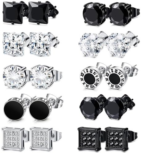10 Paar Herren Ohrringe - 8mm Edelstahl Ohrstecker in Silber Schwarz mit Cubic Zirkonia, Diamant Quadratische Runde CZ Schmuck für Männer Junge Frauen