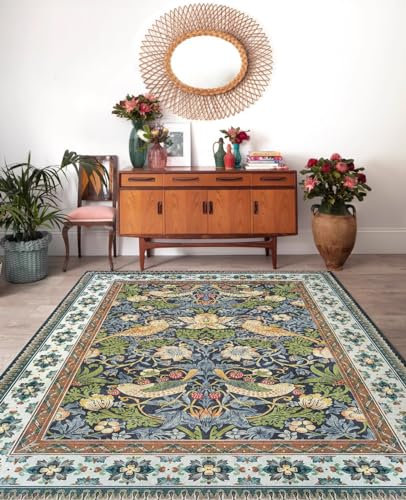 SJHDHDA Neuer waschbarer Wohnzimmerteppich, rutschfeste Akzentteppiche, Schlafzimmer-Esszimmer-Flurteppich, weicher Kurzflorteppich, Retro-Landhaus-Blumen und Vögel, Blaugrün, 120 x 170 cm Learned