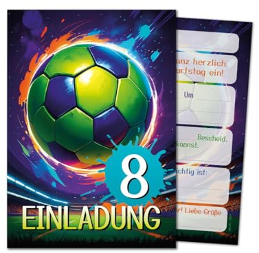 12 Einladungskarten zum 8. Kindergeburtstag Jungen Jungs Mädchen Fussball Fußball coole bunte Einladungen achte Geburtstag Kinder Jungsgeburtstag Soccer Kinderparty Teens Geburtstagseinladungen