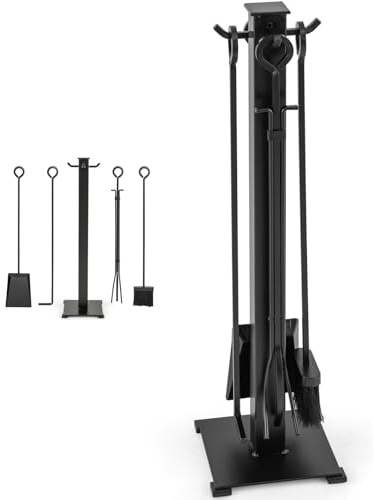 GiantexUK 5-Piece Fireplace Companion Set, Iron Fire Place Tools Set with Stand, Tong, Shovel, Brush & Poker, Fireside Wood Burner Stove Accessories, Black, 22 x 22 x 80cm