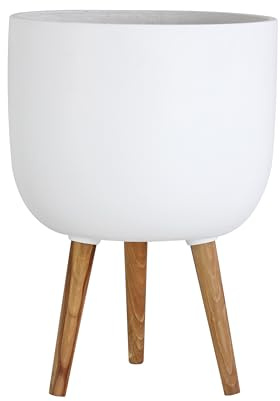 Olly & Rose Maceta Extra Grande de Color Blanco Mate con Patas de Madera Dura, Soporte para Plantas, Soporte para Macetas de Jardín Color Blanco, Maceta Estampada XL con Soporte, 38 cm