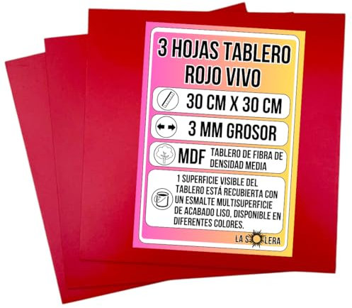 LA SOLERA Pack 3 Hojas Tablero MDF ROJO VIVO | 300 x 300 x 3 mm | Tablero de Fibra de Densidad Media | Manualidades | Pirograbado | Corte Laser | Modelado | Tabla Madera | Corte Limpio Sierra