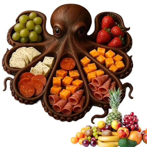 Bohany Bandeja De Embutidos En Forma De Pulpo,Plato De Madera,Tablero De Embutidos Con 7 Compartimentos,Bandeja De Servicio Temático Del Océano Para Queso,Carne Y Frutas,Cocina,28x28cm
