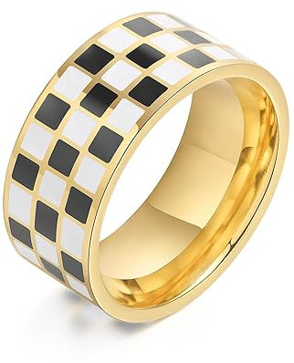 XJEIVJIC Fashion Checker Band Rings for Women Men Stainless Steel 14K White Black Enamel Ring Knuckle Middle Comfort Fit Hypoallergenic Gifts for Boy Girls Mom Birthday Xmas
