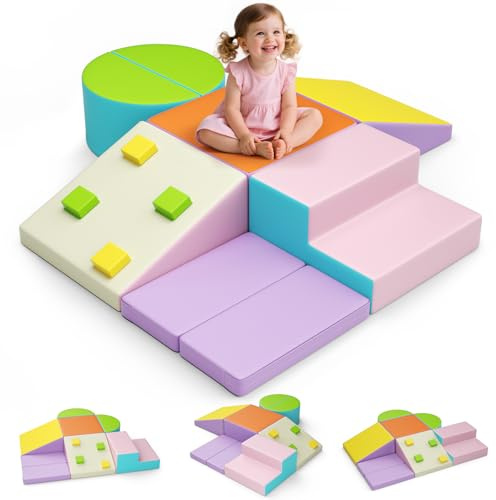 MINENICE 7-teilige Sicherheits-Upgrades für Baby-Kletterblöcke, Schaumstoff-Kletterblöcke für Kleinkinder von 1–3 Jahren, Baby-Puzzle und -Übung, großes Baustein-Set(7 Stück – Ledertasche – Macaron)