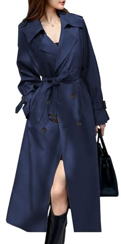 Trench lungo impermeabile da donna, doppiopetto, lunghezza spolverino, maxi, lungo, classico, con revers, cintura e tasche