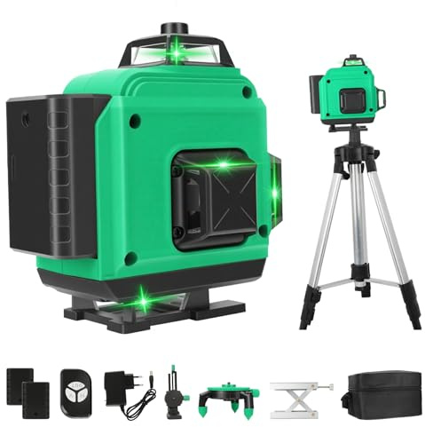 Kreuzlinienlaser mit Stativ, Multifunktionaler 4D-Laser mit 16 Linien,laser wasserwaage mit stativ, USB-wiederaufladbares Lithium-Batterie-Nivelliergerät mit ，2 * 2400 mAh Batterien Green